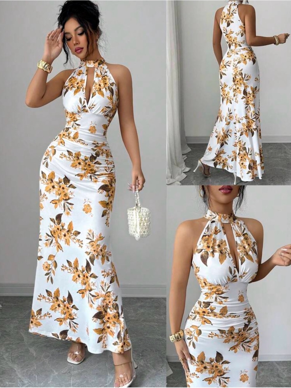 Floral Halter Maxi Dress - White & Gold